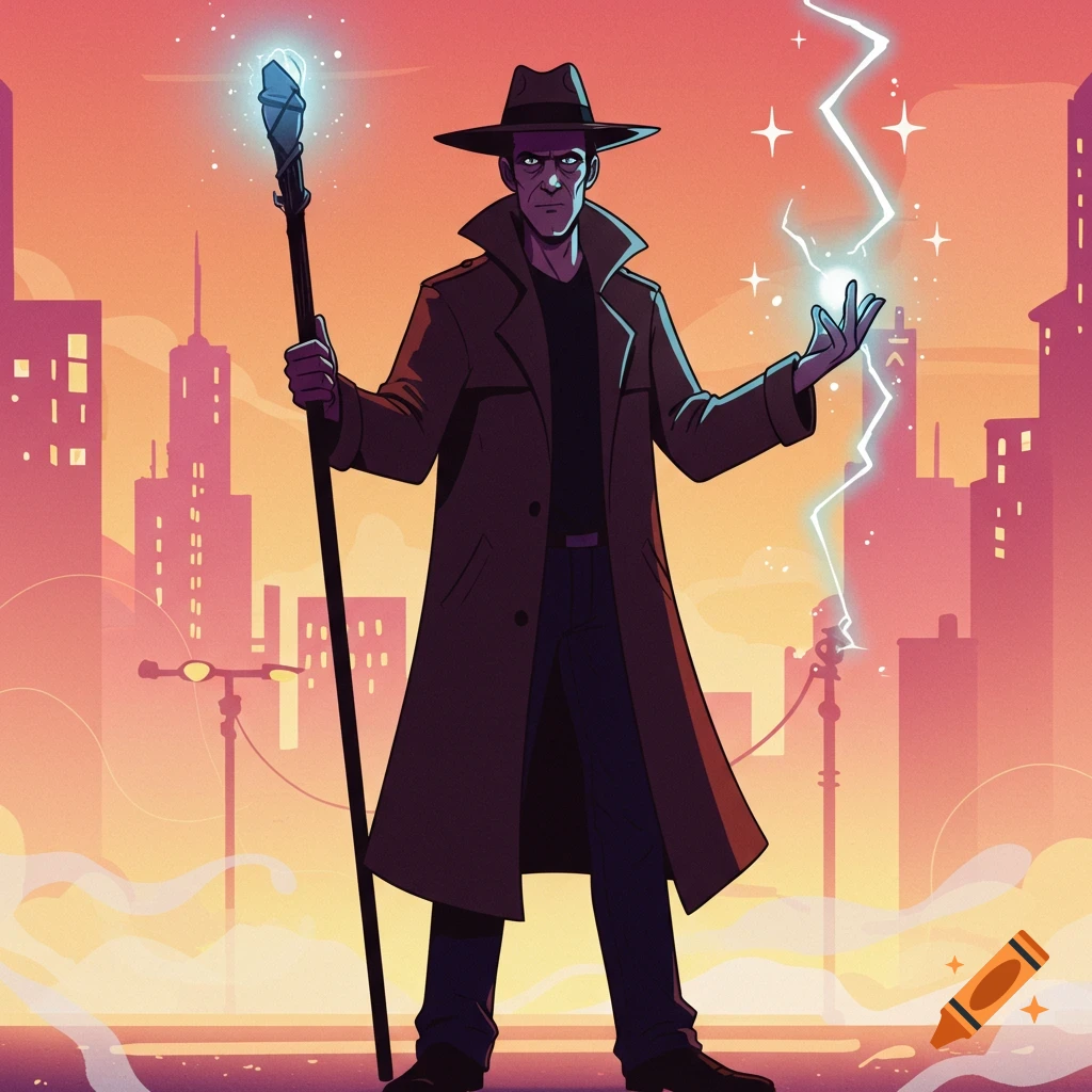 A man in a trench coat and fedora holds a glowing staff and casts lightning in an 80s cartoon style cityscape.