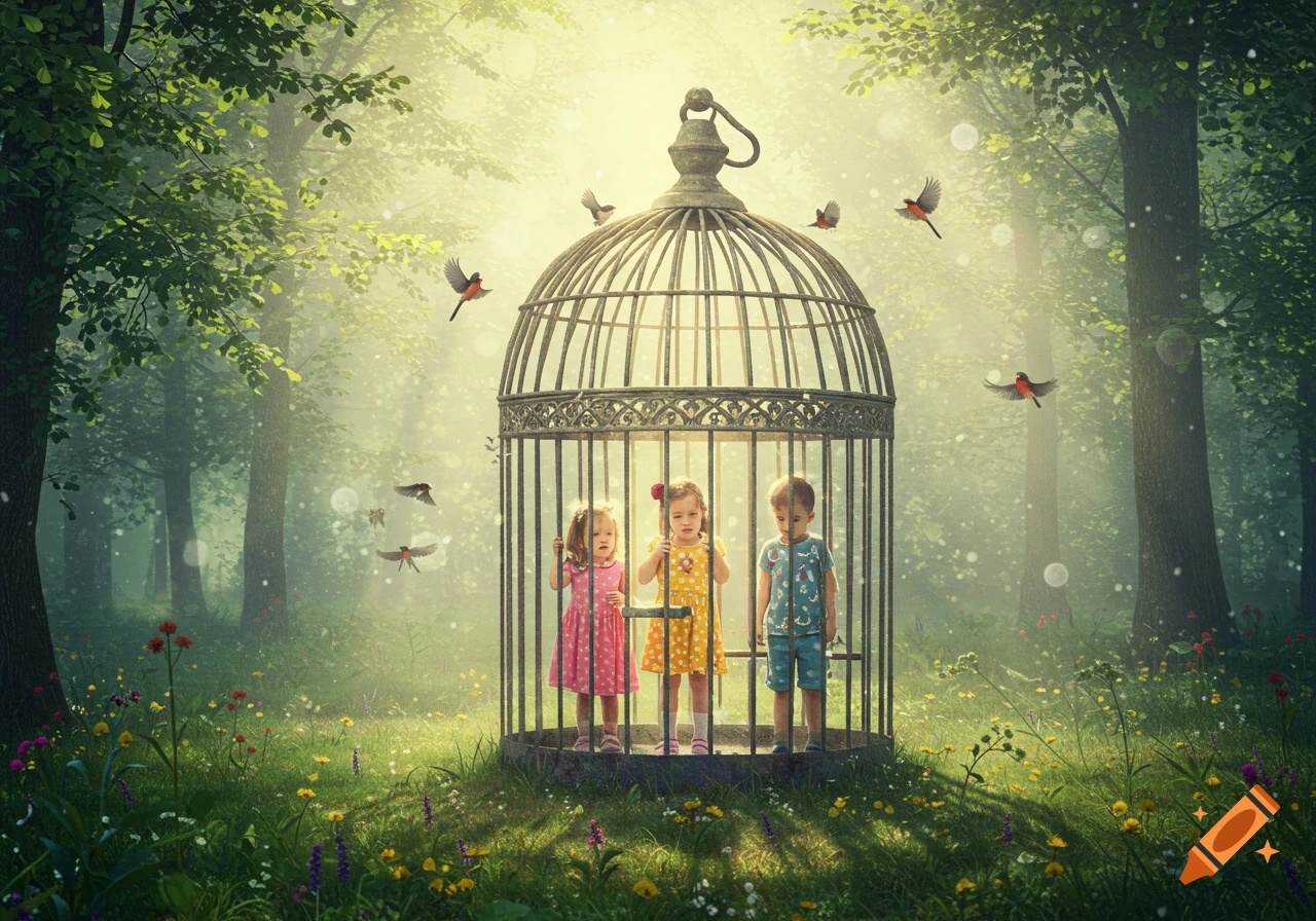 Three small children stand inside a large birdcage in a magical, sunlit forest with birds flying free.