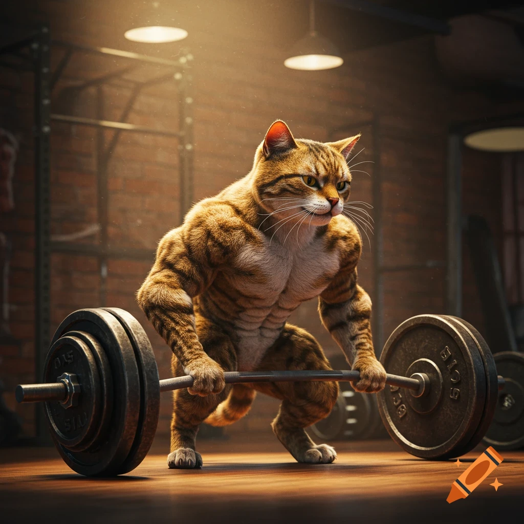 An extremely muscular, buff tabby cat in a gym setting, holding a heavy barbell as if about to lift weights. Photorealistic.