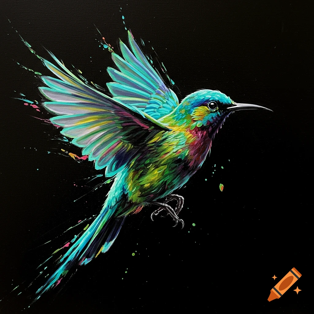 A vibrant, colorful hummingbird in flight with abstract paint splatters, set against a stark black background.
