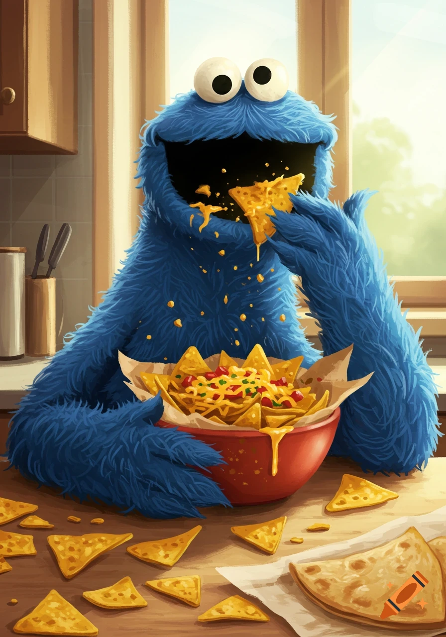 A blue, furry Cookie Monster character eagerly eats cheesy nachos in a bright kitchen, crumbs falling onto the wooden table.