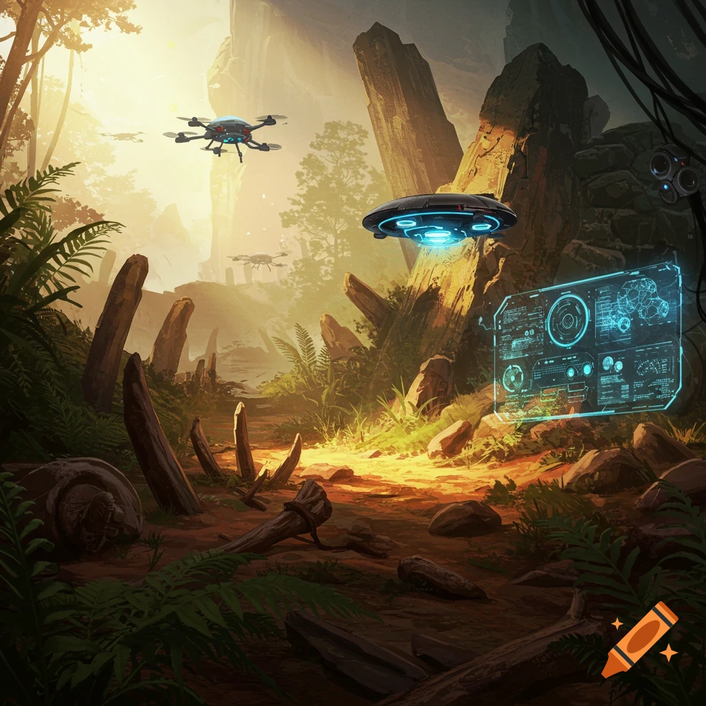 Futuristic drones and a UFO-like craft fly over an ancient jungle landscape with glowing holographic interface and stone monoliths.