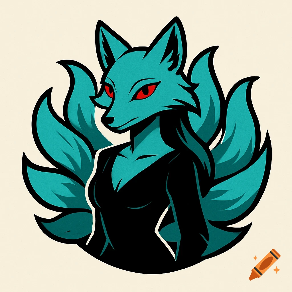 Stylized teal fox character with red eyes, a black dress, and multiple tails in a logo style.