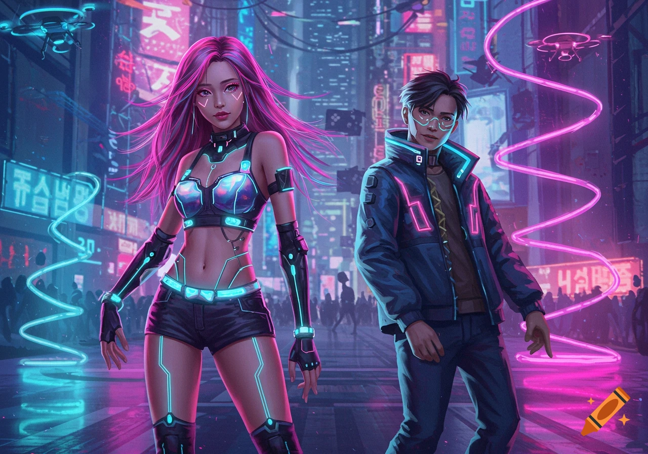 Two cyberpunk K-pop idols with neon hair and outfits stand on a futuristic city street under glowing drones.