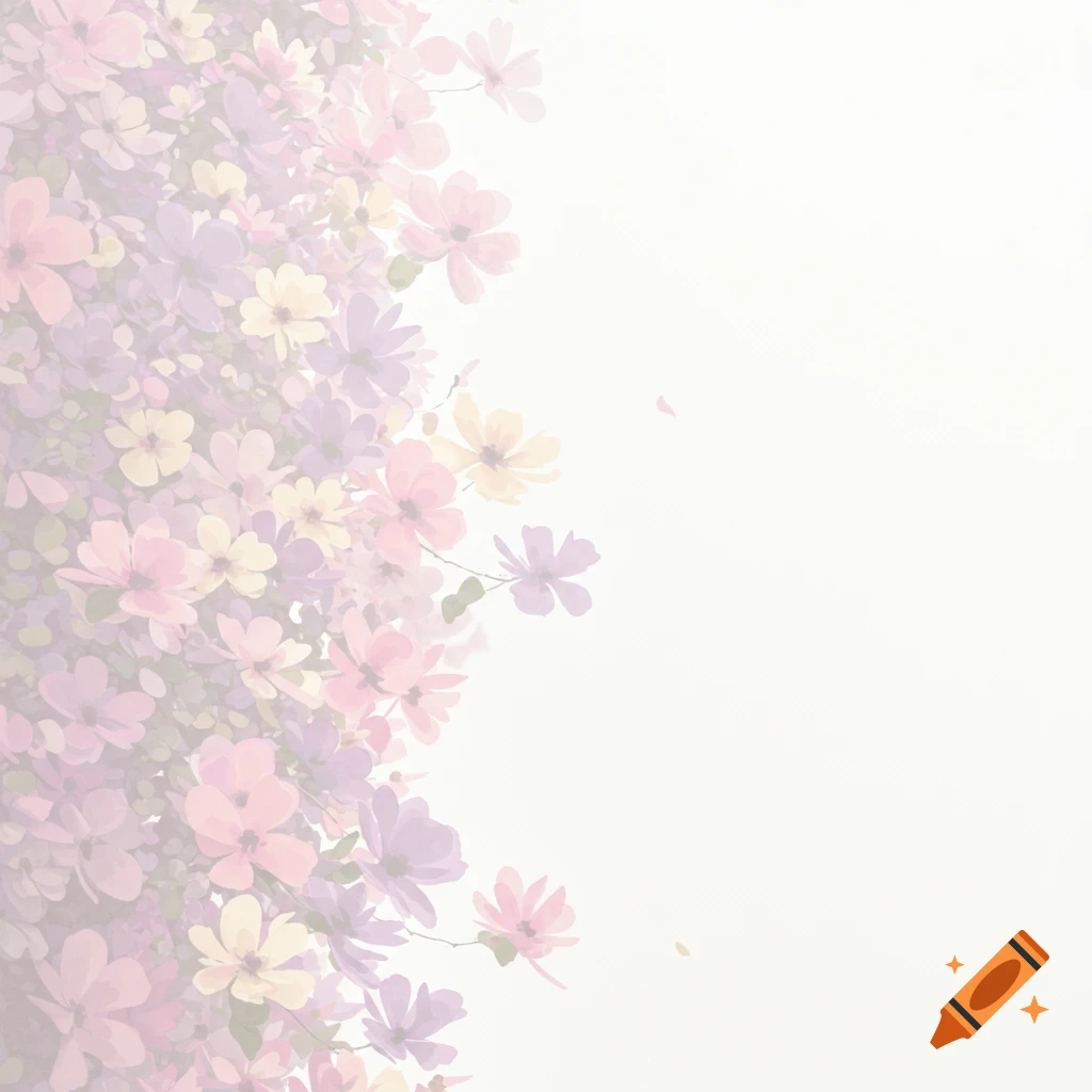 Soft pastel pink, purple, and yellow flowers create a dreamy, blurred border on a white background.