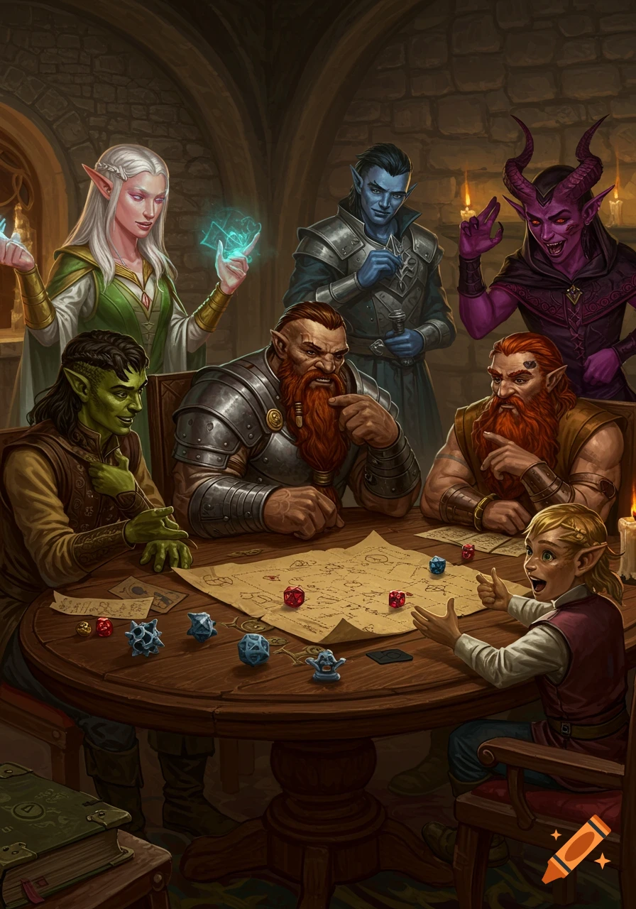 A detailed fantasy illustration of diverse D&D characters playing a tabletop RPG around a map-covered table.