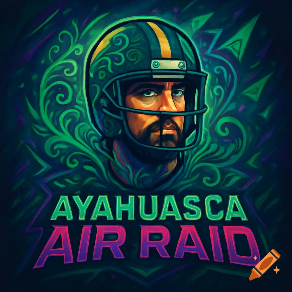 Stylized illustration of a bearded football player in a helmet with psychedelic green patterns and the text "AYAHUASCA AIR RAID".