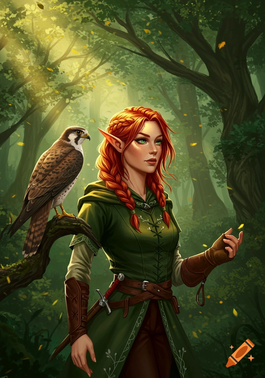 Detailed illustration of a red-haired elf woman with a falcon in a sunlit forest.