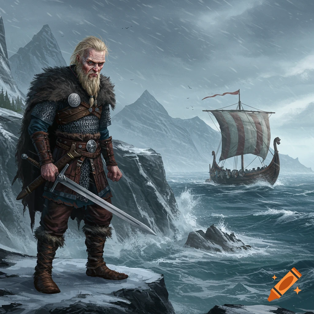 A fierce Viking warrior with a beard stands on a snowy cliff, holding a sword, as a longship sails in a stormy sea behind him.