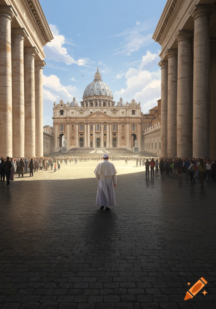 The Pope, seen from behind, walks across St. Peter's Square towards St. Peter's Basilica, surrounded by a large crowd.