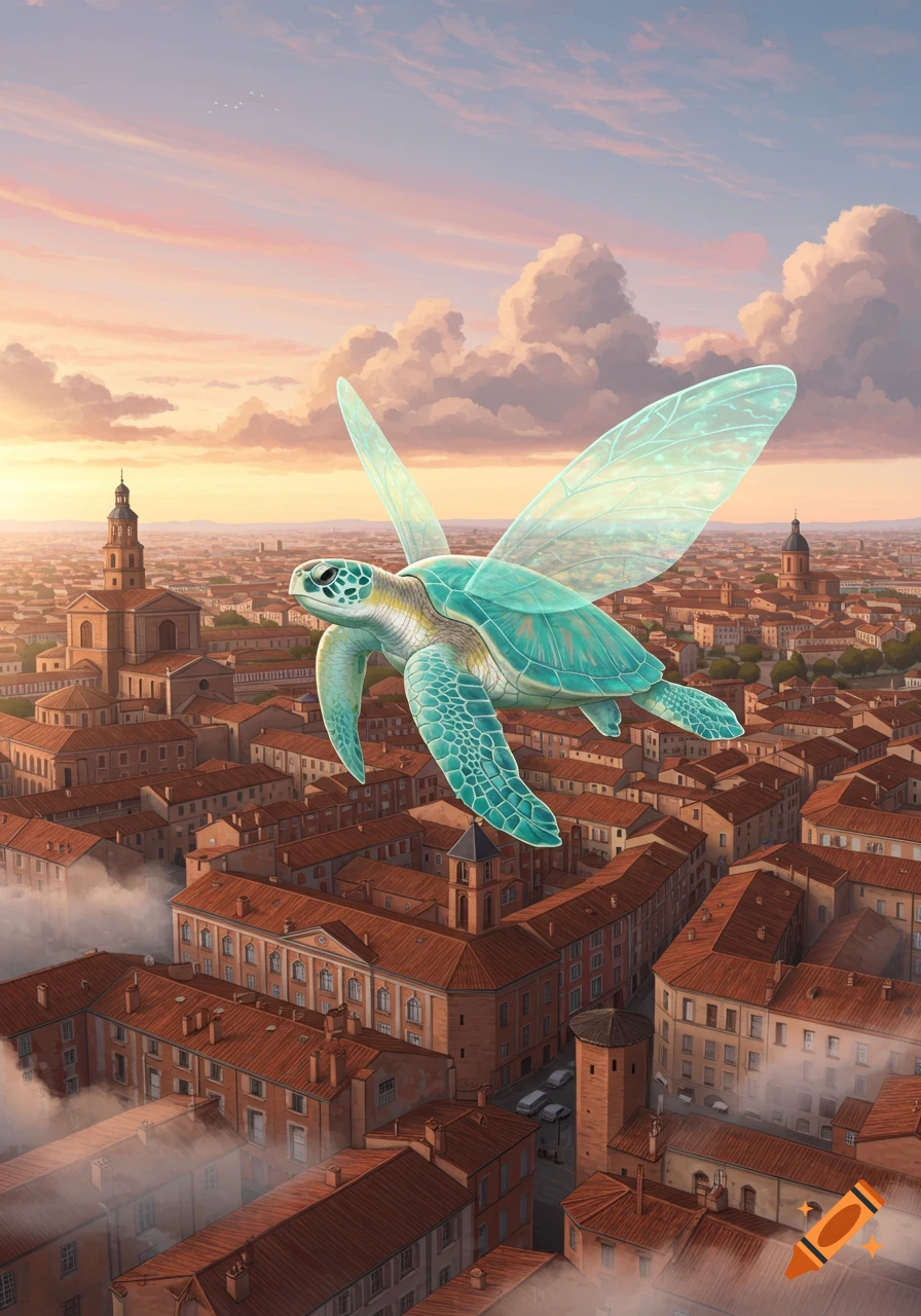 A large, light-blue winged turtle flies over a city of red-roofed buildings and spires under a pastel sky.