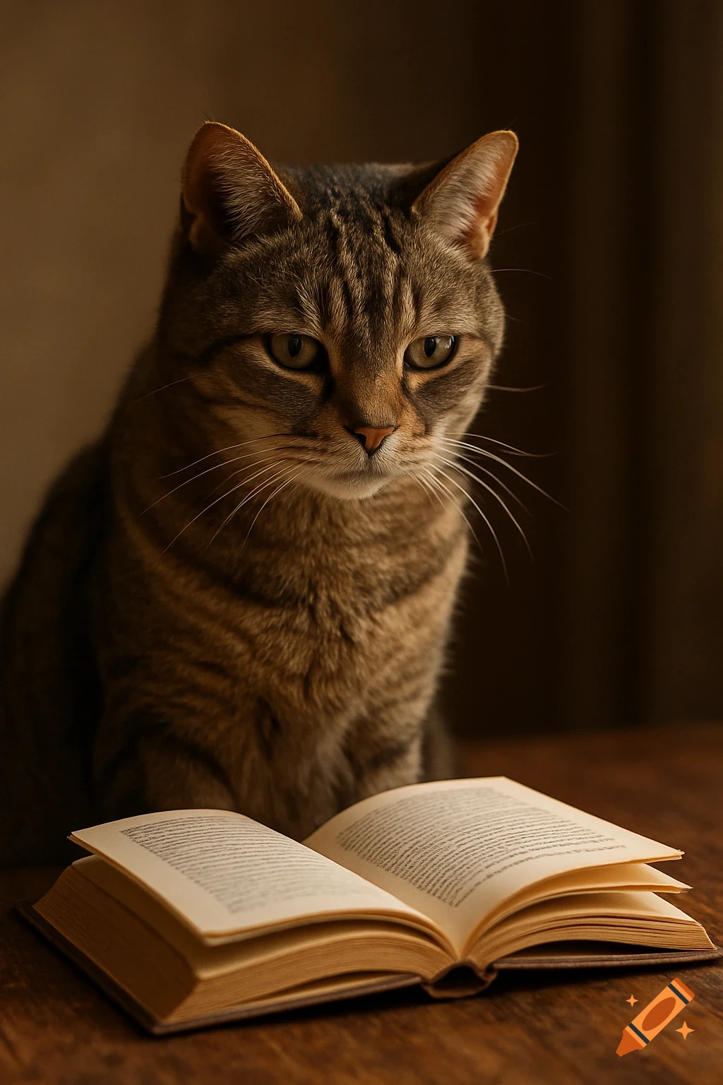 A tabby cat sits attentively behind an open book on a wooden table, in warm soft lighting.