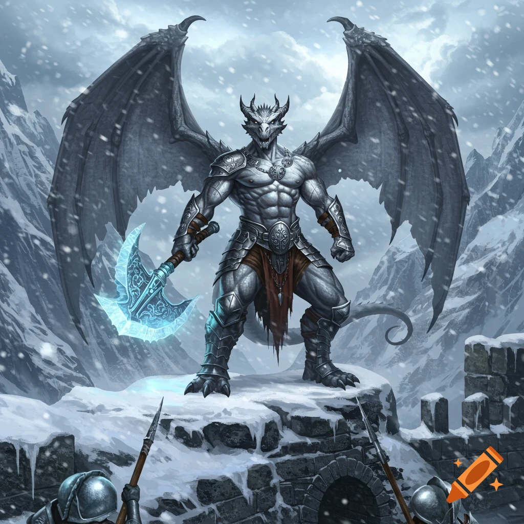 Muscular winged silver dragonborn barbarian with a glowing greataxe stands on a snowy fortress wall in a blizzard.