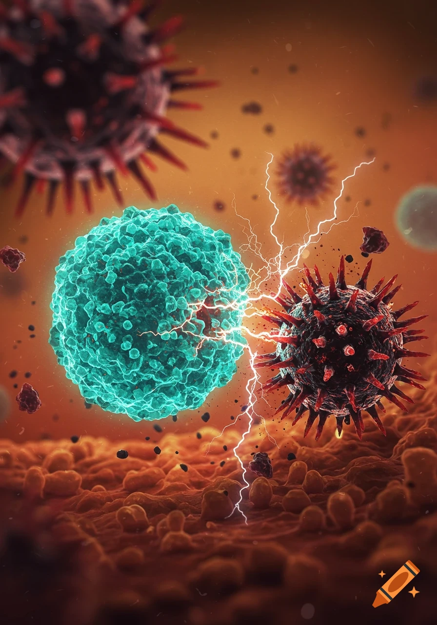 A glowing teal cell attacks a spiky dark virus with lightning in a microscopic, stylized biological illustration.