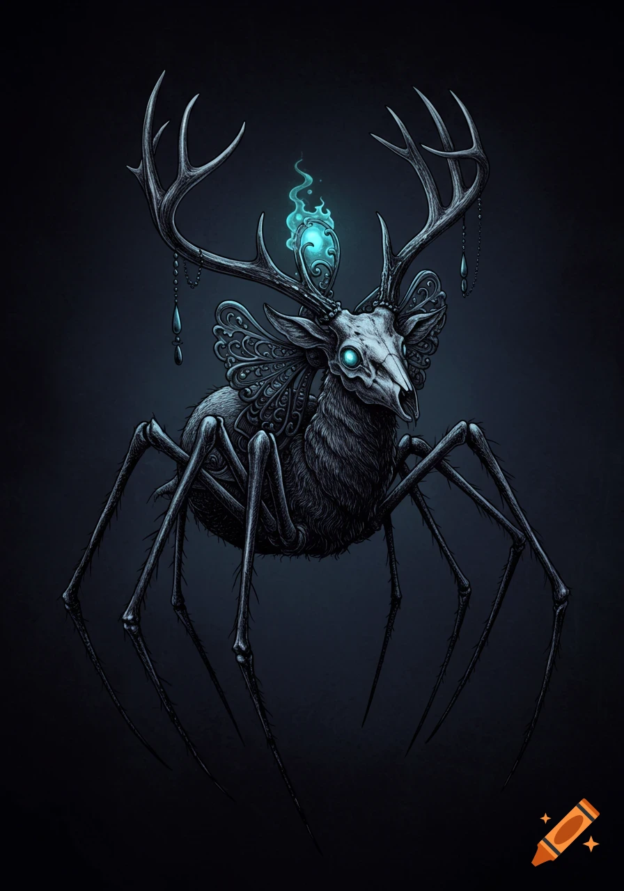 Dark drawing of a hybrid spider-deer creature with a glowing skull head, antlers, and ornate wings.
