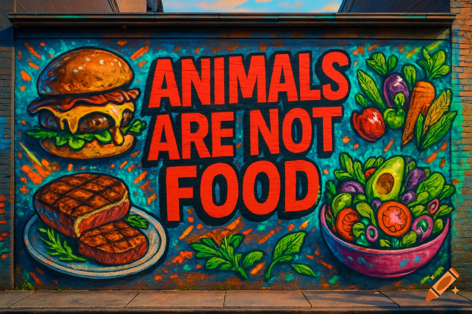 A colorful graffiti mural on a brick wall featuring a burger, steak, vegetables, and the text 'ANIMALS ARE NOT FOOD'.