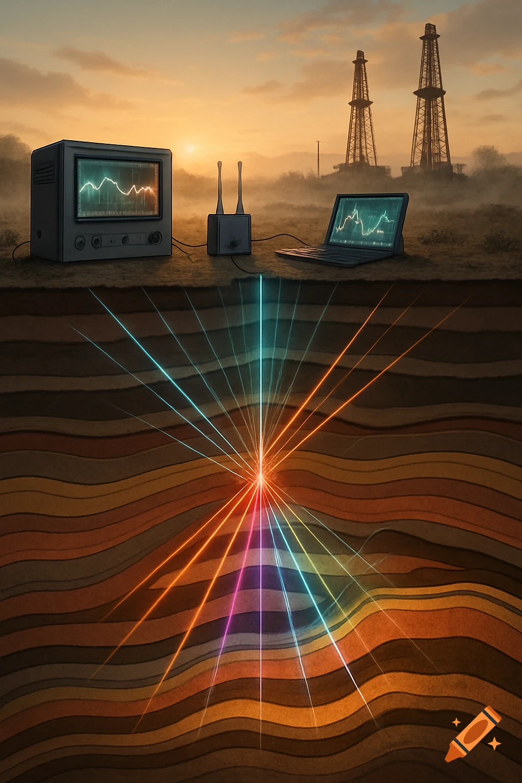 Illustration of seismic imaging for oil and gas exploration, with surface equipment and colorful light beams revealing underground layers.