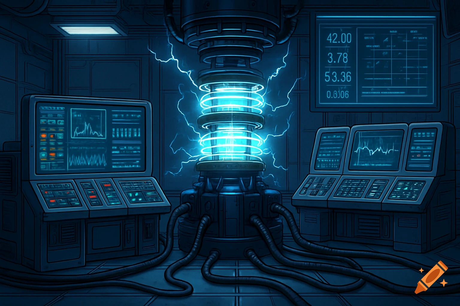 A stylized 2D control room with a central glowing power generator, flanked by control panels and screens displaying data, surrounded by electricity and cables.