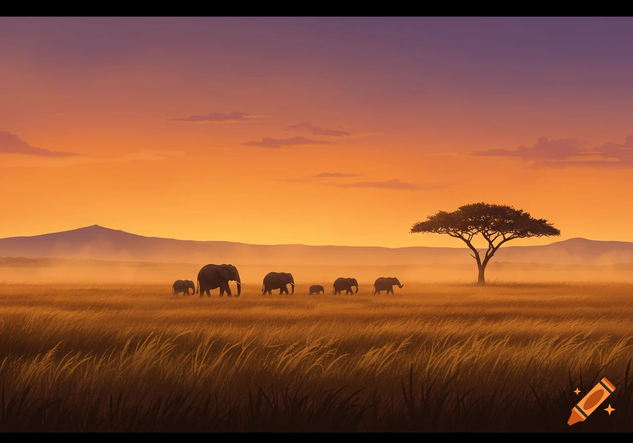A herd of elephants walks across a golden savanna under an orange and purple sunset sky with a lone acacia tree.