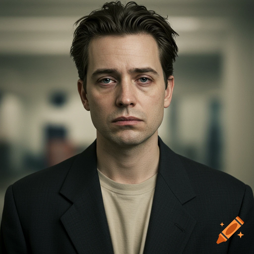 Headshot of a tired man with bags under his eyes, wearing a dark suit jacket and a light t-shirt, looking directly at the camera with a solemn expression.