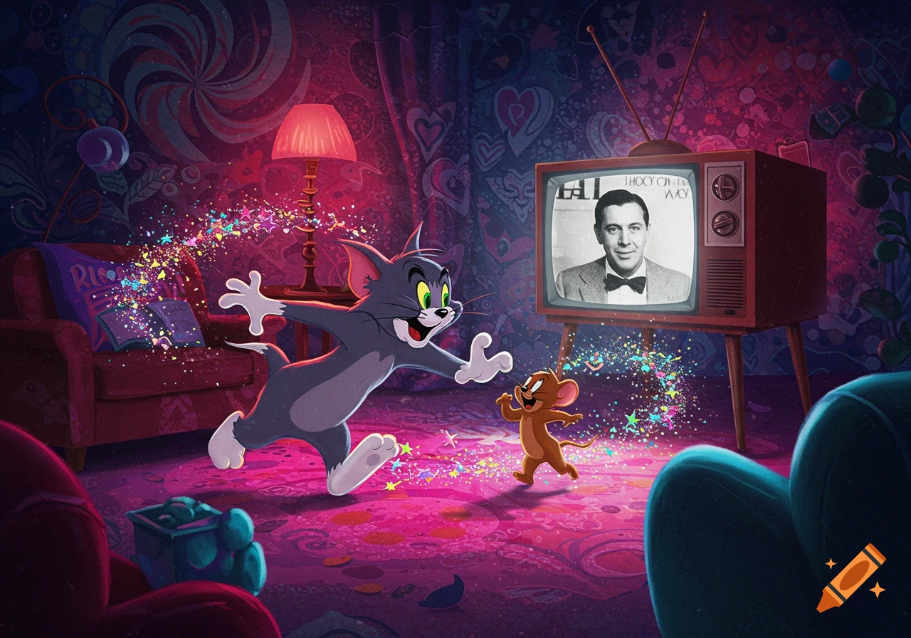 Tom and Jerry chase each other in a vibrant, psychedelic room filled with sparkling effects, as a man in a bowtie appears on a vintage television set.