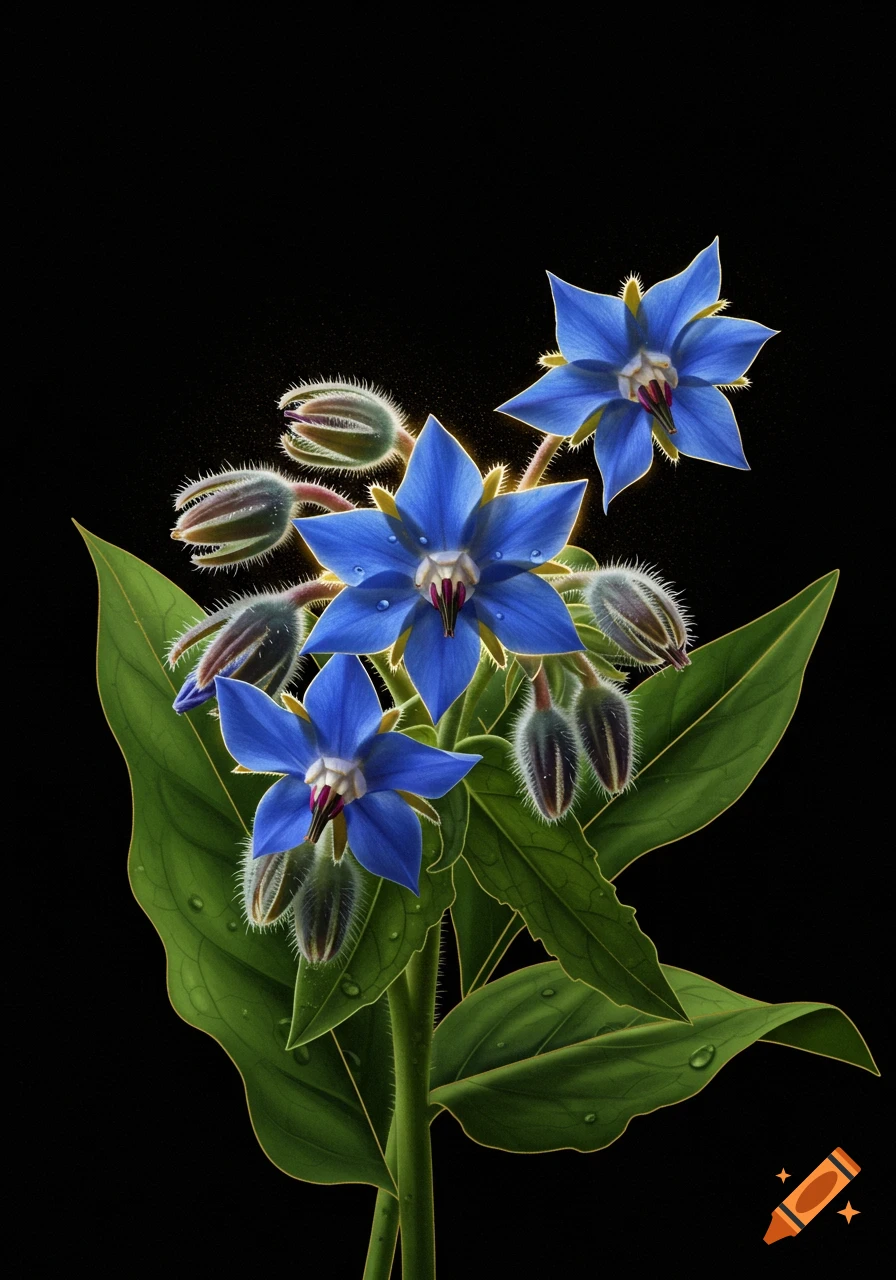 Vibrant blue borage flowers with green leaves and water droplets against a black background, painted style.