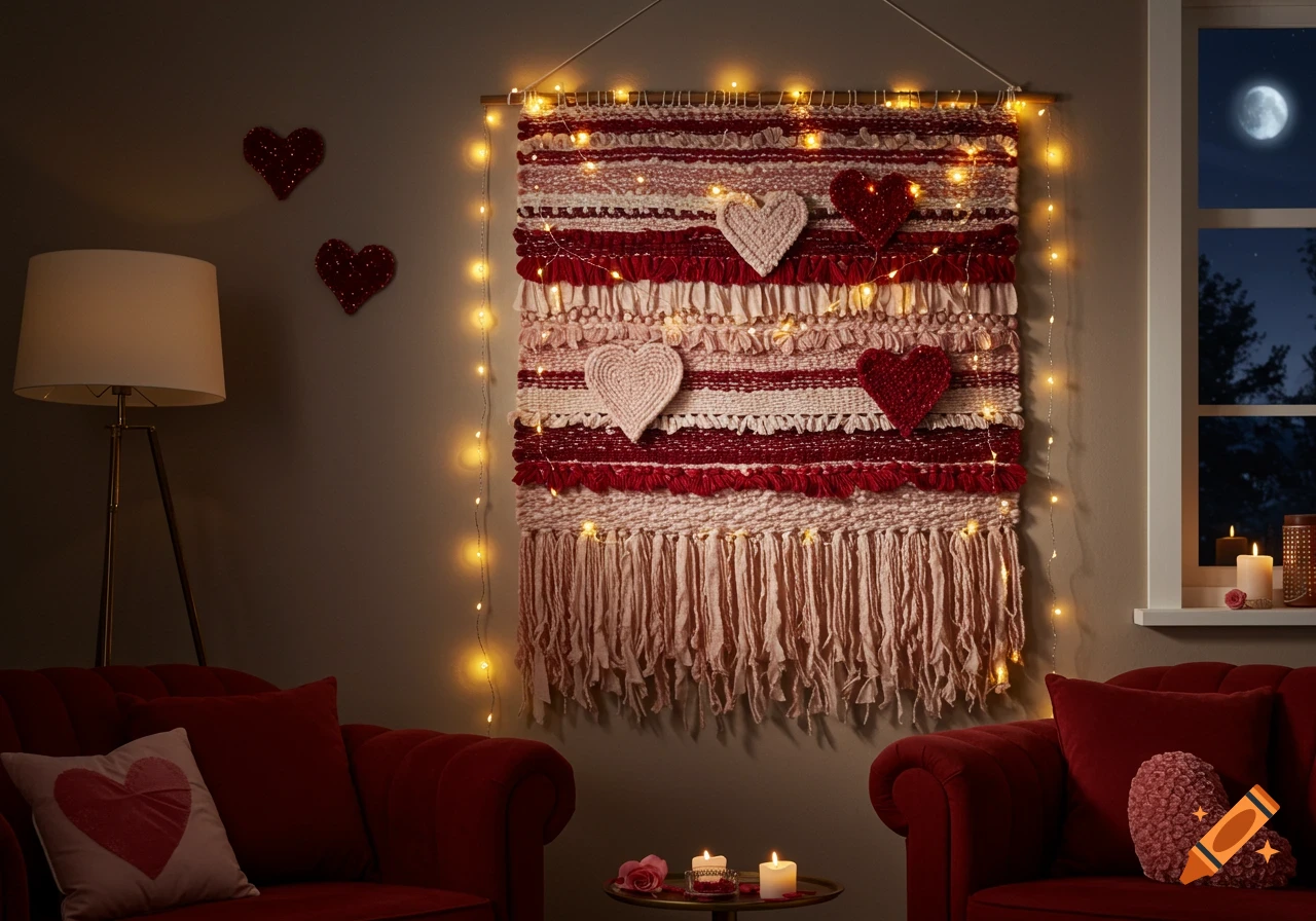 A cozy room decorated for Valentine's Day with red sofas, a heart-themed tapestry, string lights, and candles.