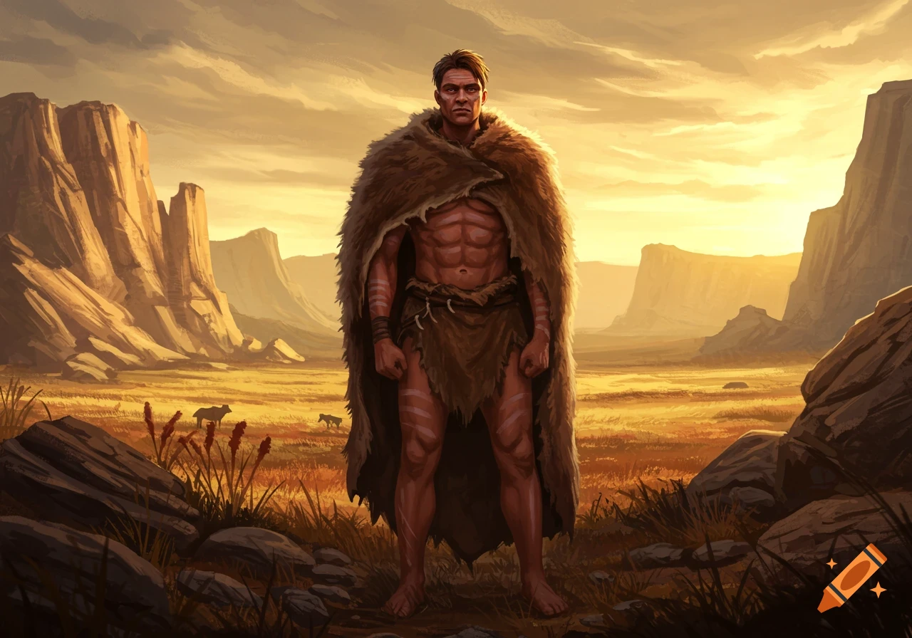 A muscular man in a fur cloak and loincloth stands in a vast, sun-drenched prehistoric landscape, digital painting.