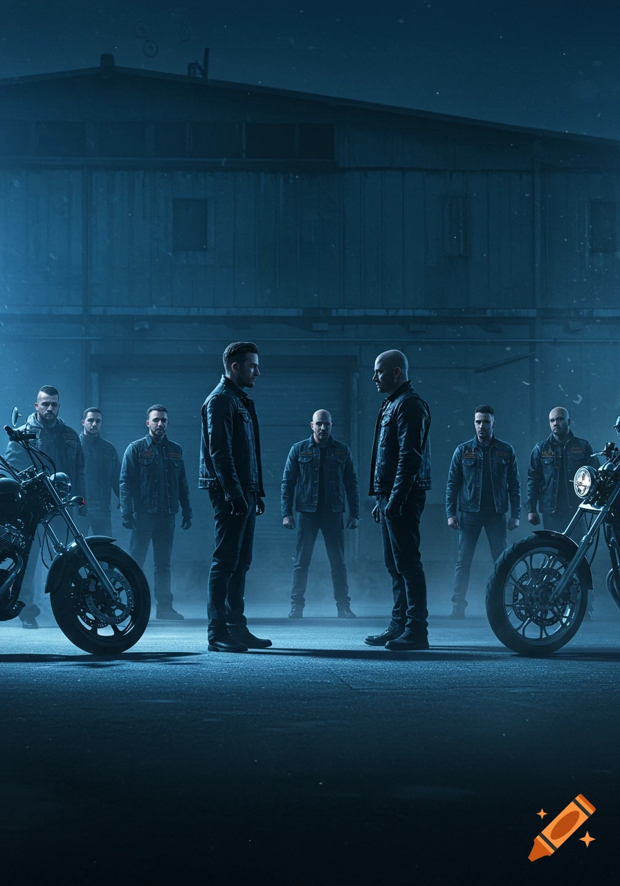 Two groups of men, possibly gang members or bikers, stand facing each other in a dark industrial alley with two motorcycles in the foreground, under a moody, misty light. Photorealistic style.