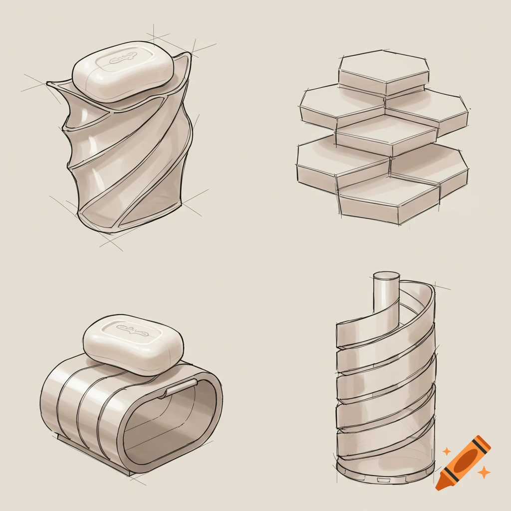 Four abstract design sketches of unique soap holders, rendered in a clean line art style with subtle shading.
