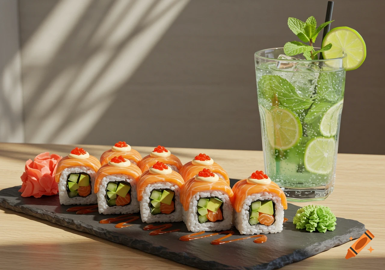 Photorealistic image of salmon avocado sushi rolls with roe on a slate platter next to a mint mojito cocktail.