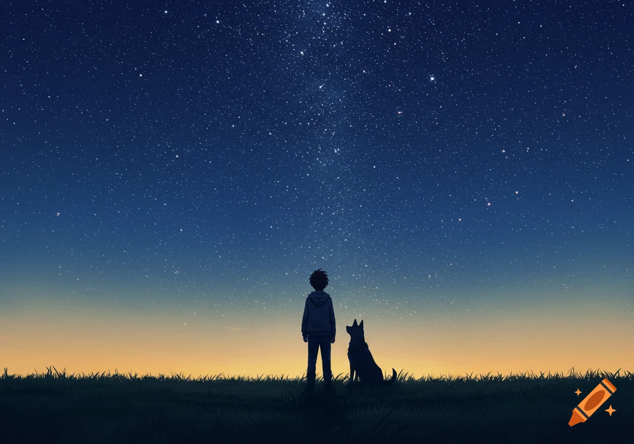 A boy and a dog stand silhouetted on a grassy hill, gazing up at a vast, star-filled night sky with an orange horizon.