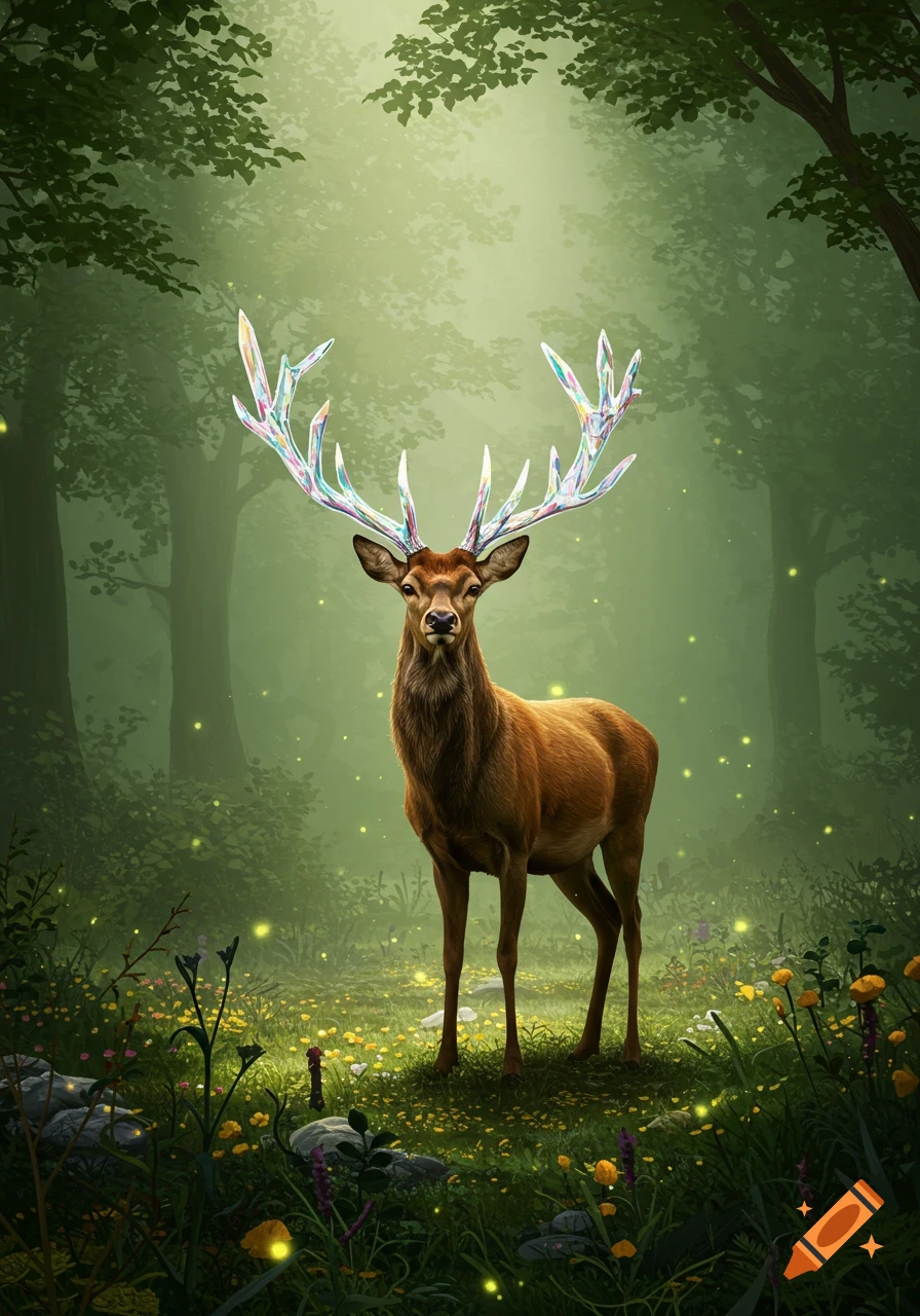 A majestic deer with glowing crystal antlers stands in a mystical, foggy forest with sparkling fireflies.
