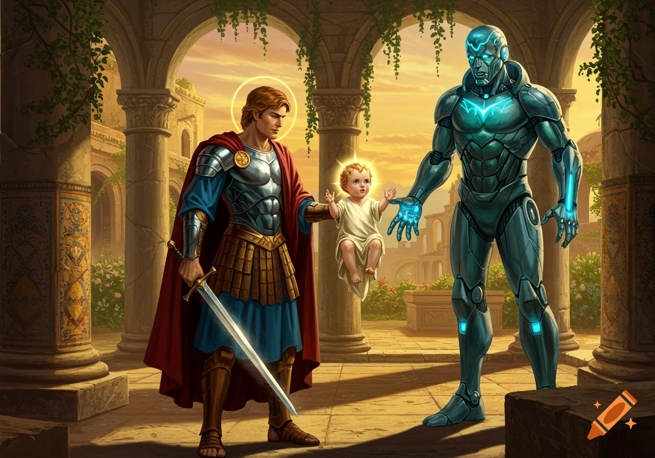 A knightly figure with a sword holds a glowing baby, confronting a teal robotic figure in an ancient courtyard at sunset.