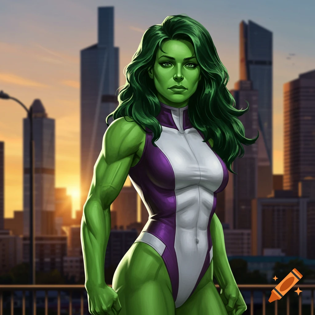 A muscular, green-skinned She-Hulk in a purple and white superhero costume stands in front of a city skyline at sunset.