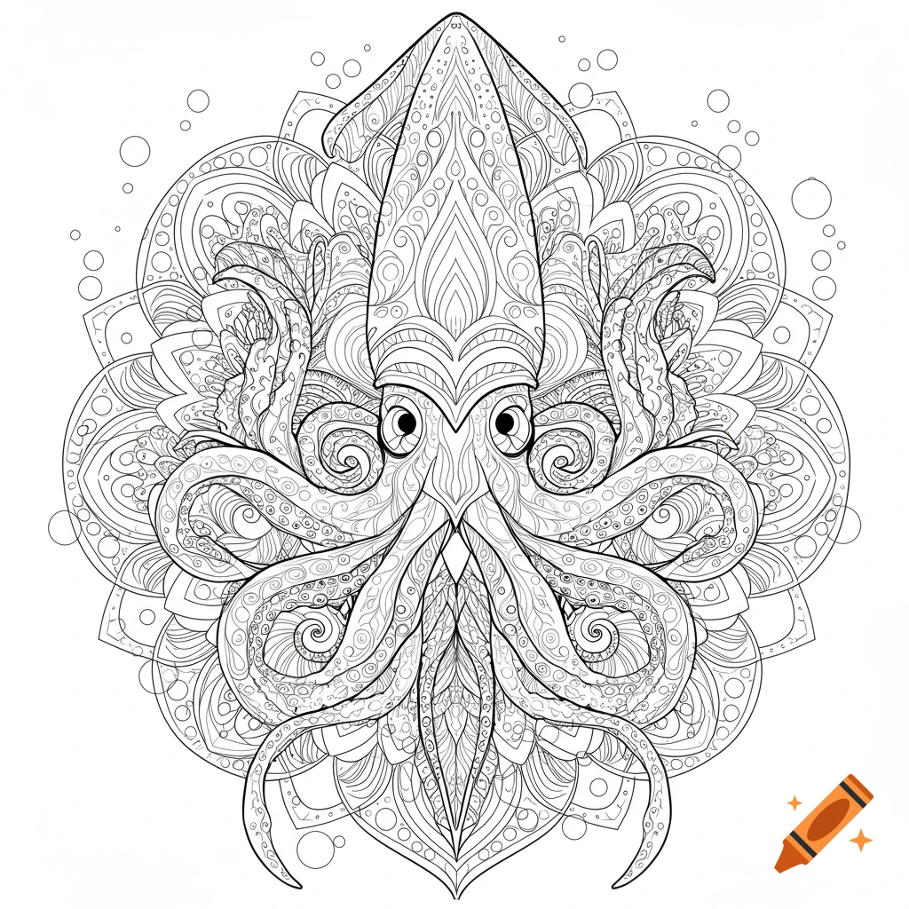 Detailed black and white line art of a squid stylized as a mandala, featuring intricate patterns and small bubbles.