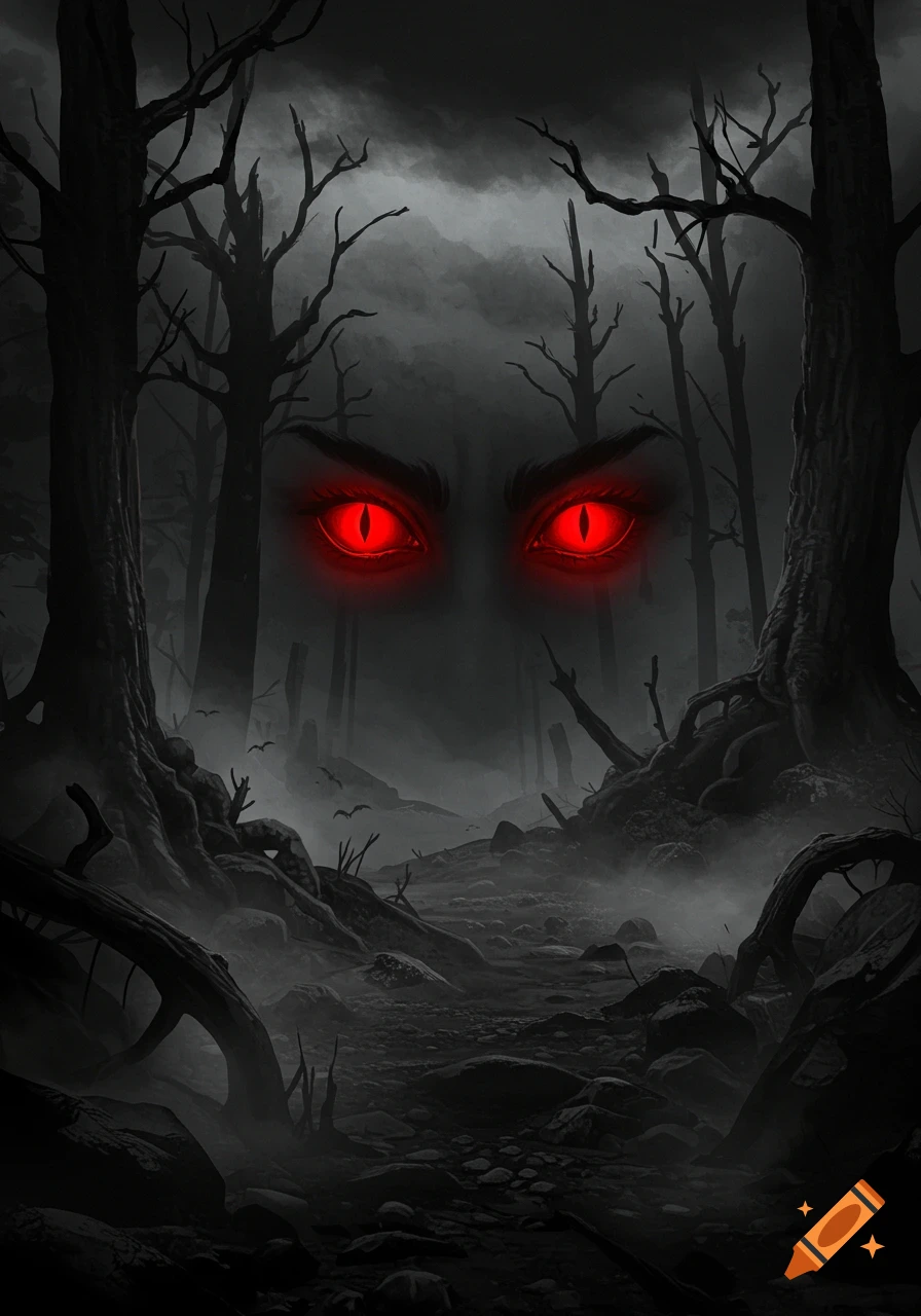 Digital painting of large, glowing red demonic eyes staring from a dark, misty forest with gnarled trees and a winding path.
