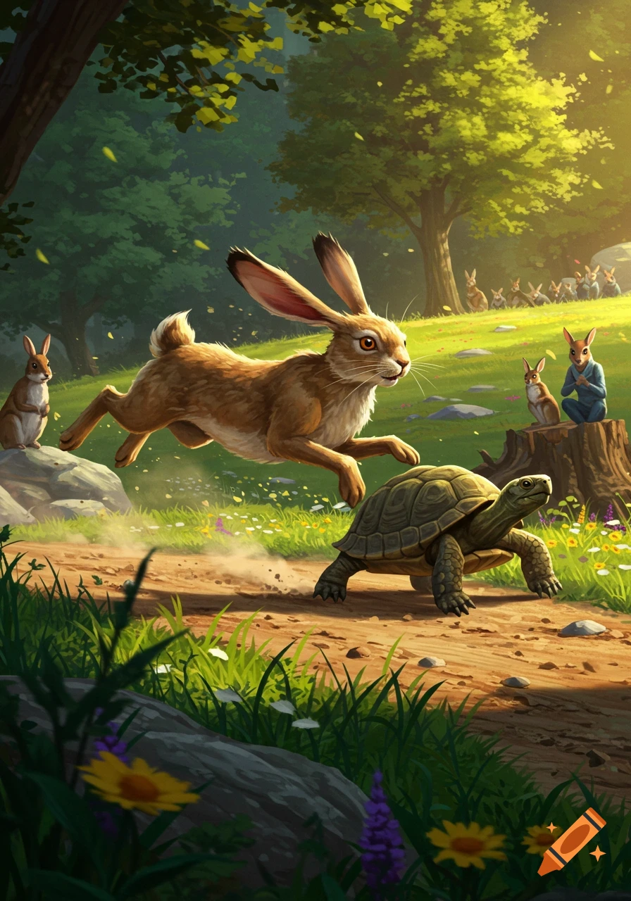An illustrated scene of the Tortoise and the Hare fable, with a hare leaping over a tortoise on a sunlit forest path.