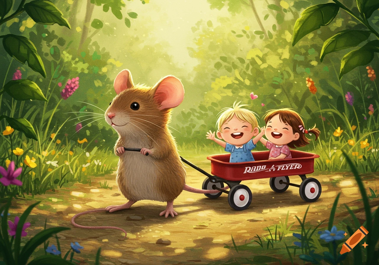 Whimsical illustration of a tiny mouse pulling two happy children in a red wagon through a vibrant forest path.