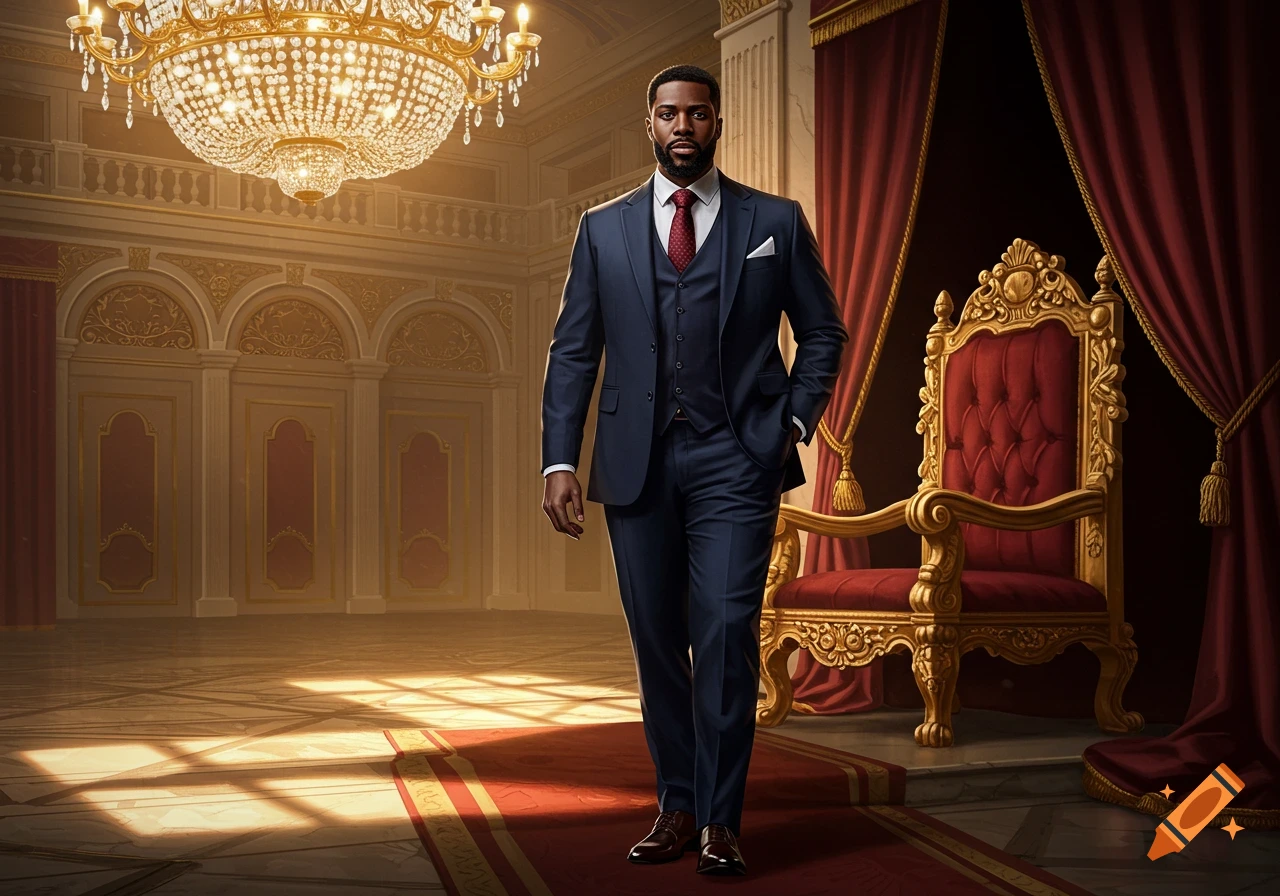 A Black man in a dark blue three-piece suit and red tie walks in a lavish, ornate golden hall with a large crystal chandelier and a red velvet throne.