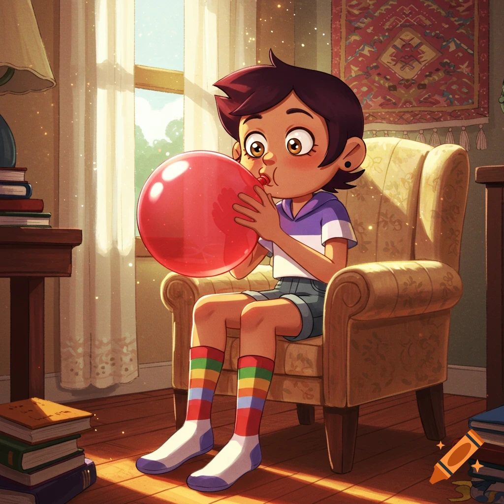 Luz Noceda, in cartoon style, sits in an armchair blowing a large red balloon in a sunlit room.