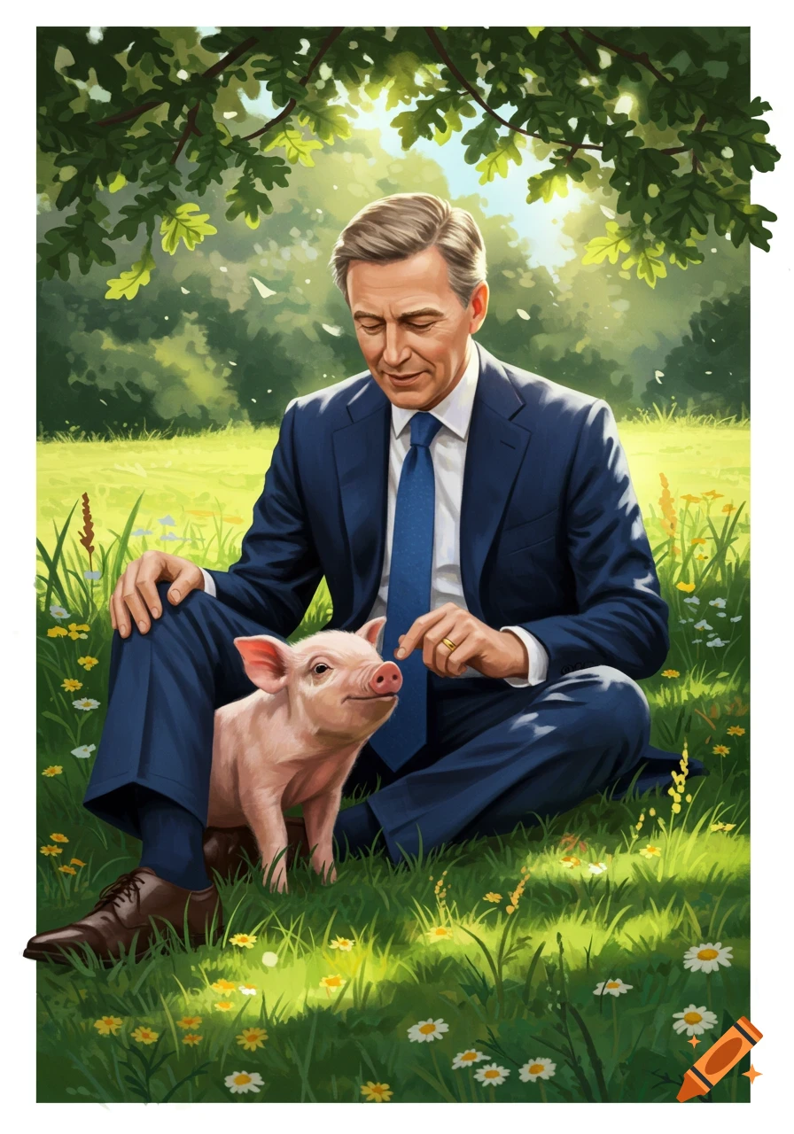 An illustration of a man in a blue suit sitting in a grassy field, gently touching a small pink pig. Trees and wildflowers are in the background.