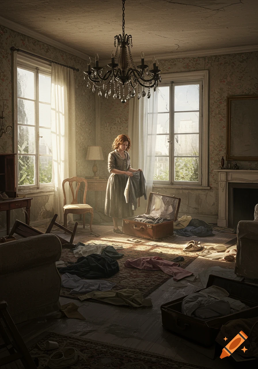 A woman with red hair packs clothes into a suitcase in a sunlit, dilapidated French apartment, with items scattered on the floor.