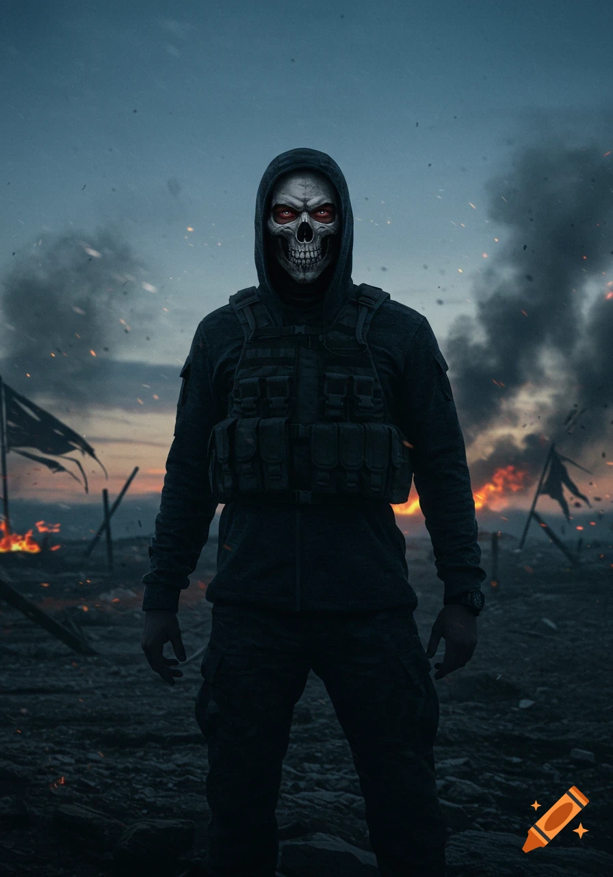 A soldier in a skull mask, black hoodie, and tactical vest stands on a desolate, smoky battlefield with fires burning at dusk.