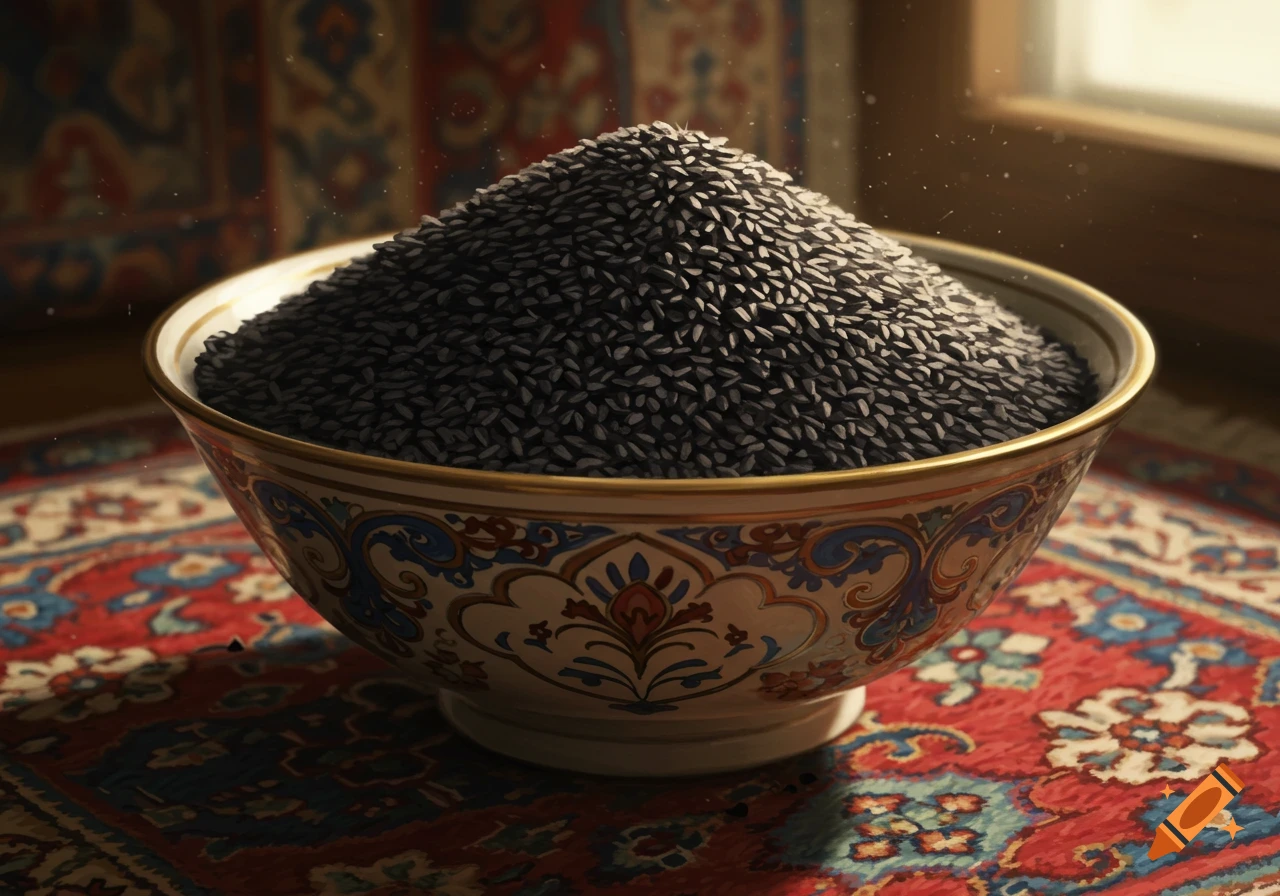 A photorealistic bowl filled with black seeds on a vibrant, patterned red rug, with light from a window.
