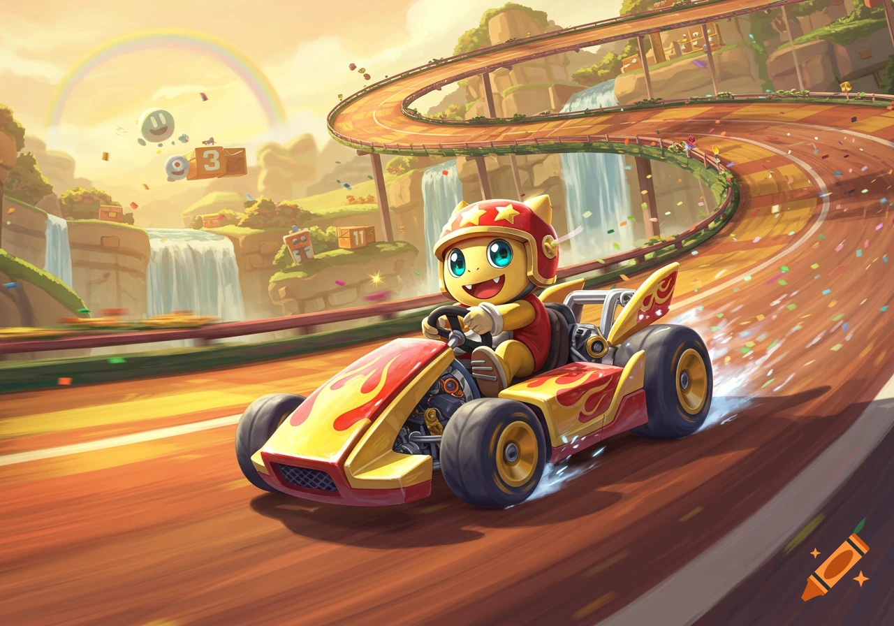 A cute yellow creature in a red and yellow go-kart races on a track with waterfalls and a rainbow.