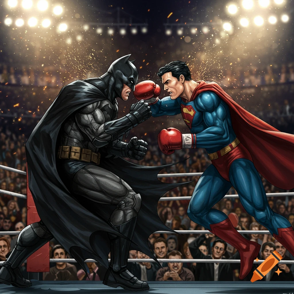 Batman and Superman in a boxing match inside a packed arena, rendered in a dynamic comic book art style.