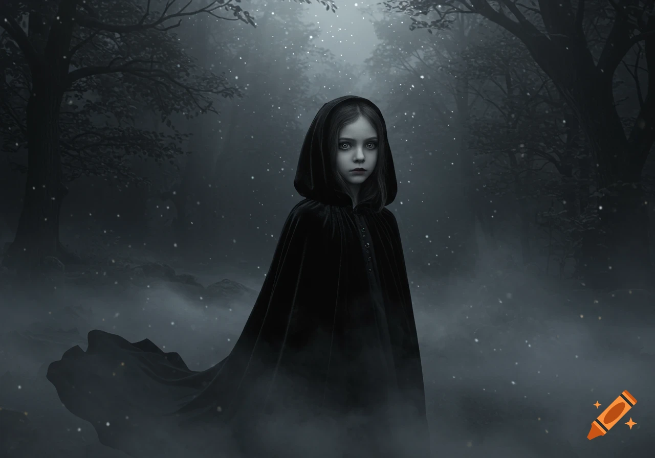 A young girl in a black hooded cape stands in a dark, foggy forest with glowing particles.