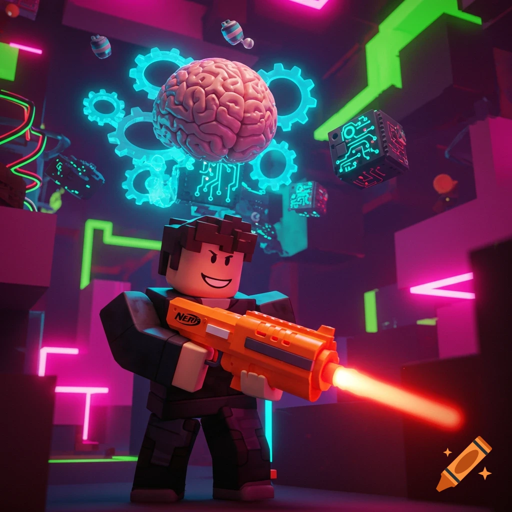 A smiling Roblox-style character holds an orange NERF blaster with a red laser in a neon-lit room with a floating brain and gears.