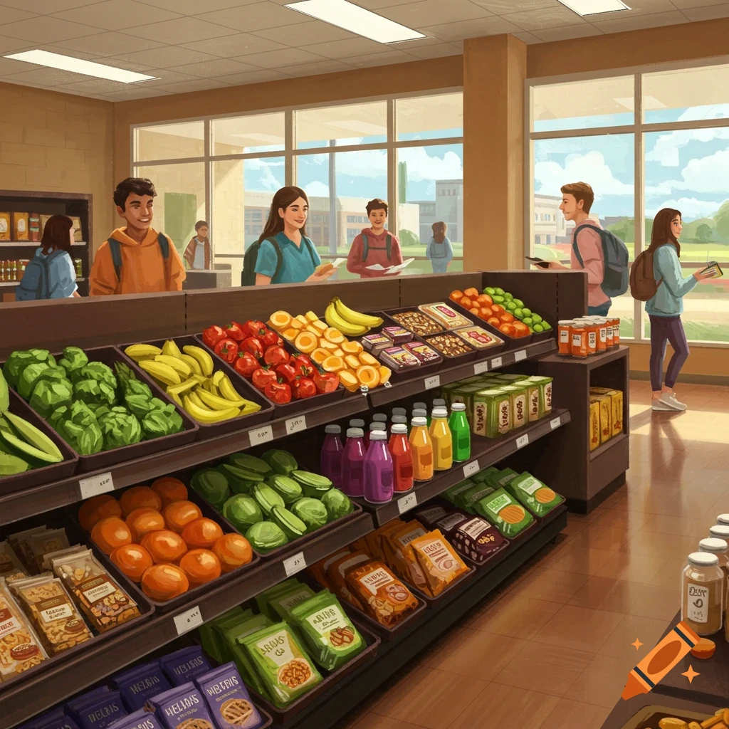 An illustrated high school store with students, shelves stocked with fresh produce, snacks, and drinks.